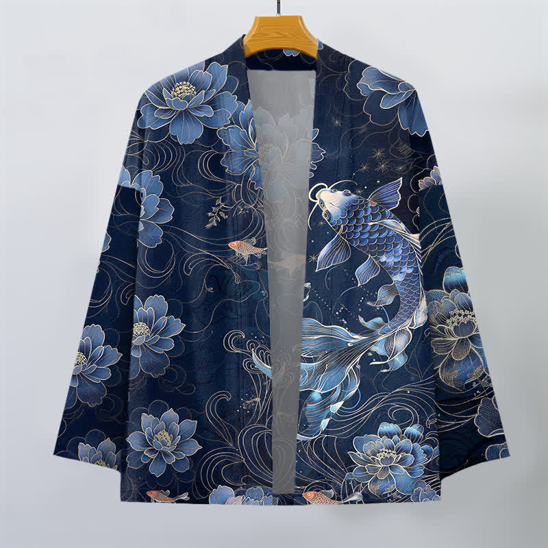 Buddha Stones Bawełniane kimono męskie z wzorem Koi Lotus Flowing Waves z otwartym przodem - image 1
