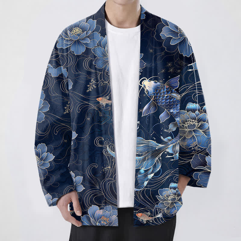 Buddha Stones Bawełniane kimono męskie z wzorem Koi Lotus Flowing Waves z otwartym przodem - Marynarka wojenna - US/UK/AU48， EU58 (4XL) - image 0