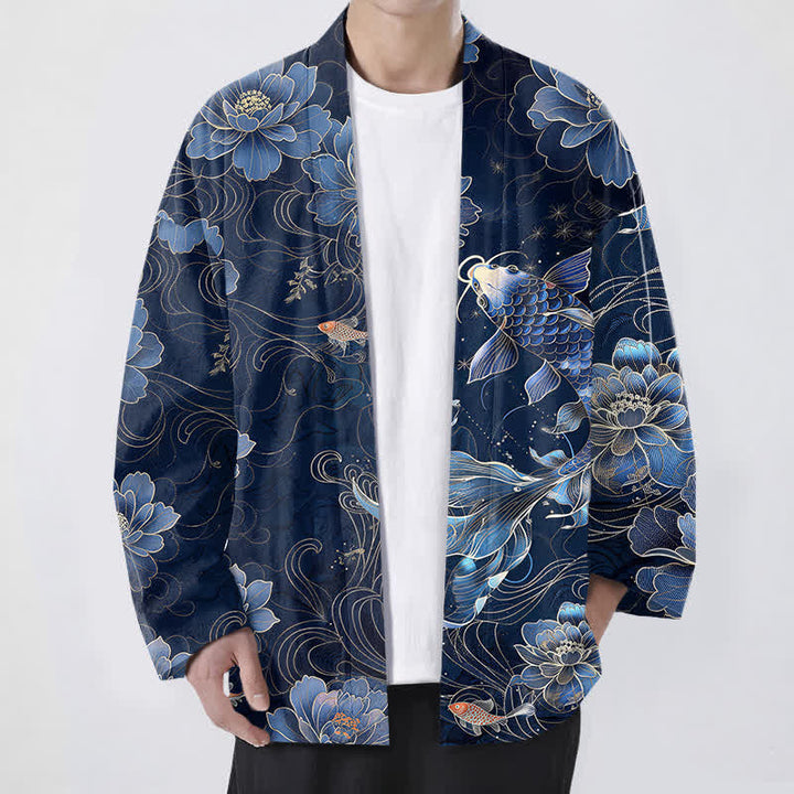 Buddha Stones Bawełniane kimono męskie z wzorem Koi Lotus Flowing Waves z otwartym przodem - Marynarka wojenna - US/UK/AU48， EU58 (4XL) - image 0