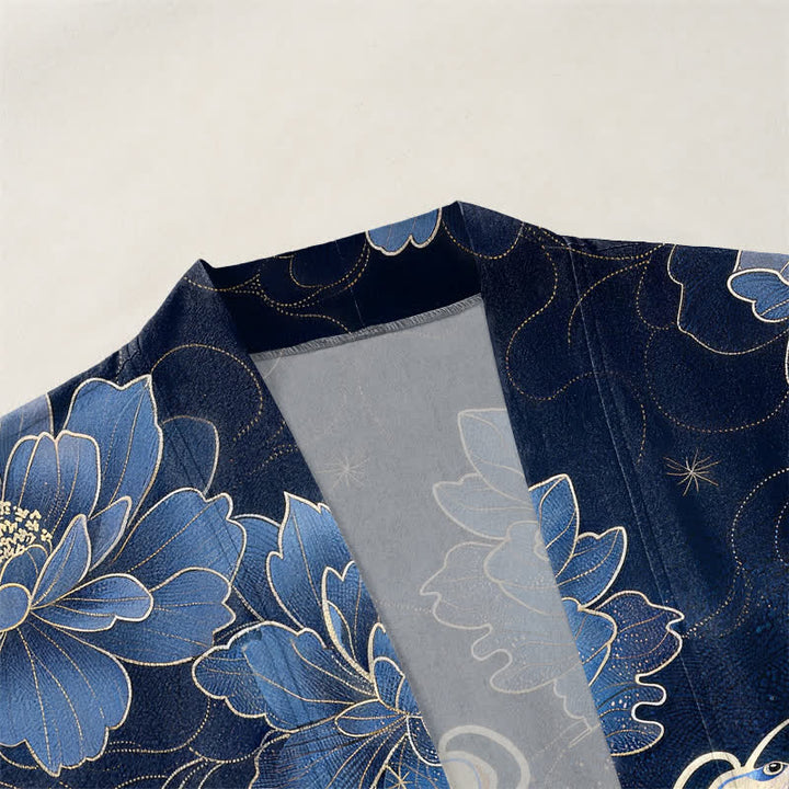Buddha Stones Bawełniane kimono męskie z wzorem Koi Lotus Flowing Waves z otwartym przodem - image 3