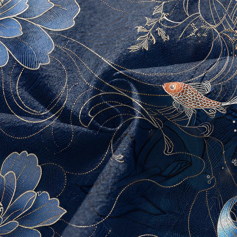 Buddha Stones Bawełniane kimono męskie z wzorem Koi Lotus Flowing Waves z otwartym przodem - image 5