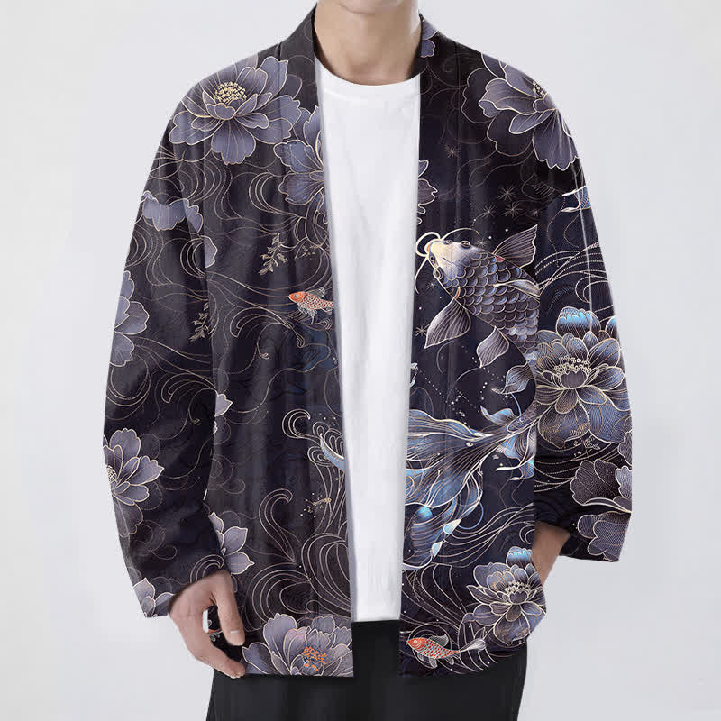 Buddha Stones Bawełniane kimono męskie z wzorem Koi Lotus Flowing Waves z otwartym przodem - DarkSlateBlue - US/UK/AU48， EU58 (4XL) - image 6