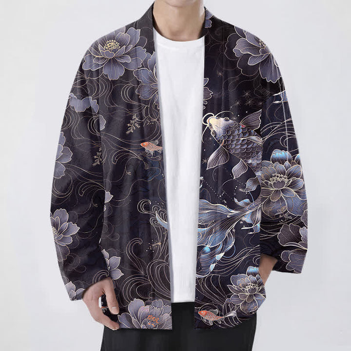 Buddha Stones Bawełniane kimono męskie z wzorem Koi Lotus Flowing Waves z otwartym przodem - DarkSlateBlue - US/UK/AU48， EU58 (4XL) - image 6