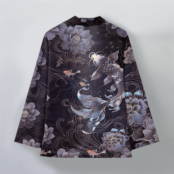 Buddha Stones Bawełniane kimono męskie z wzorem Koi Lotus Flowing Waves z otwartym przodem - image 8
