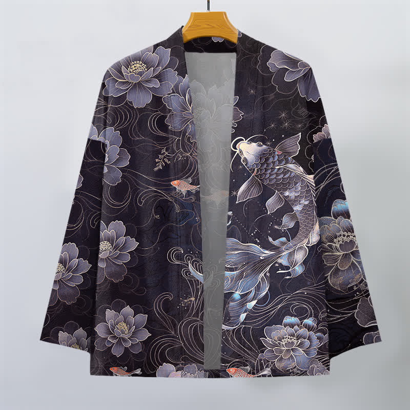 Buddha Stones Bawełniane kimono męskie z wzorem Koi Lotus Flowing Waves z otwartym przodem - image 7