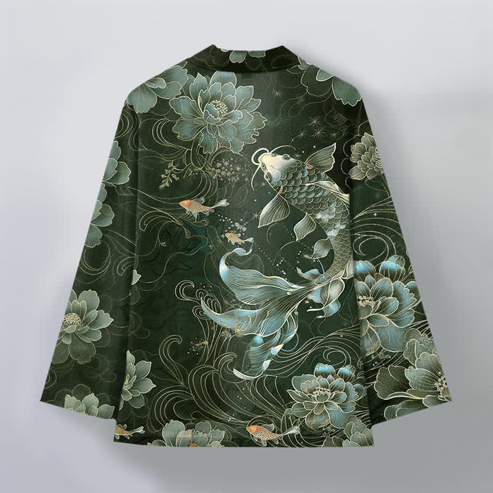 Buddha Stones Bawełniane kimono męskie z wzorem Koi Lotus Flowing Waves z otwartym przodem - image 11