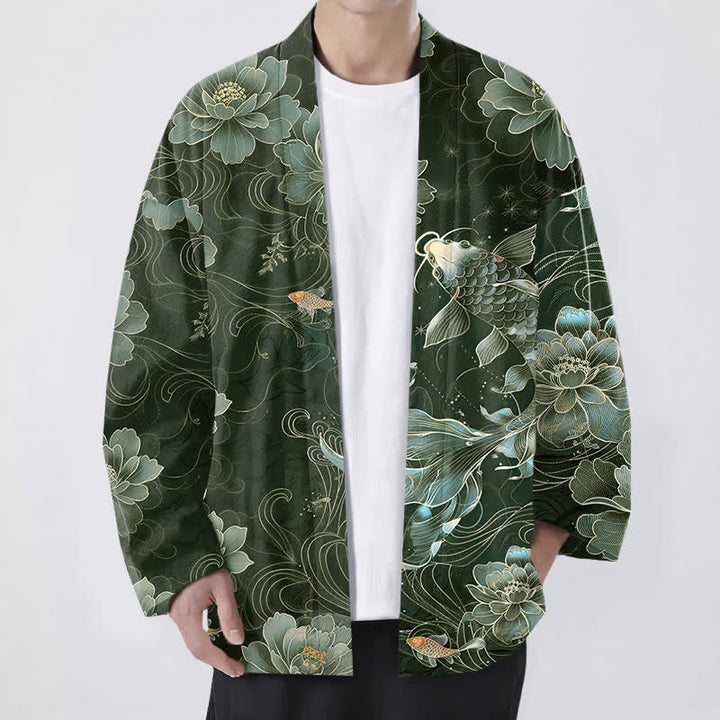 Buddha Stones Bawełniane kimono męskie z wzorem Koi Lotus Flowing Waves z otwartym przodem - Ciemnozielony - US/UK/AU48， EU58 (4XL) - image 9