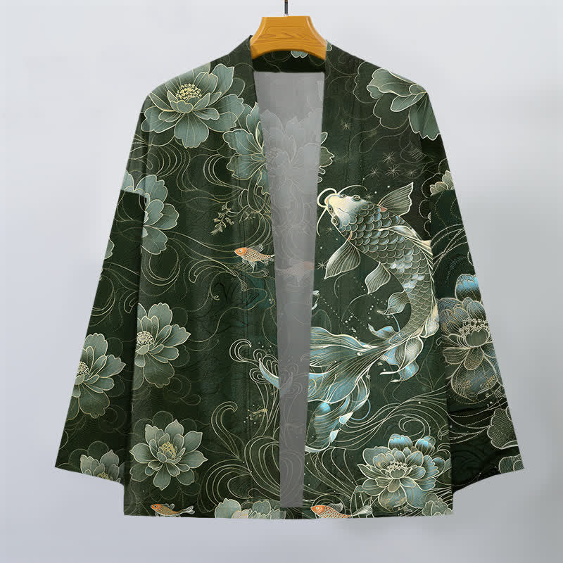 Buddha Stones Bawełniane kimono męskie z wzorem Koi Lotus Flowing Waves z otwartym przodem - image 10