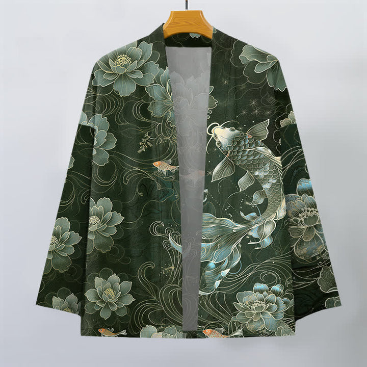 Buddha Stones Bawełniane kimono męskie z wzorem Koi Lotus Flowing Waves z otwartym przodem - image 10