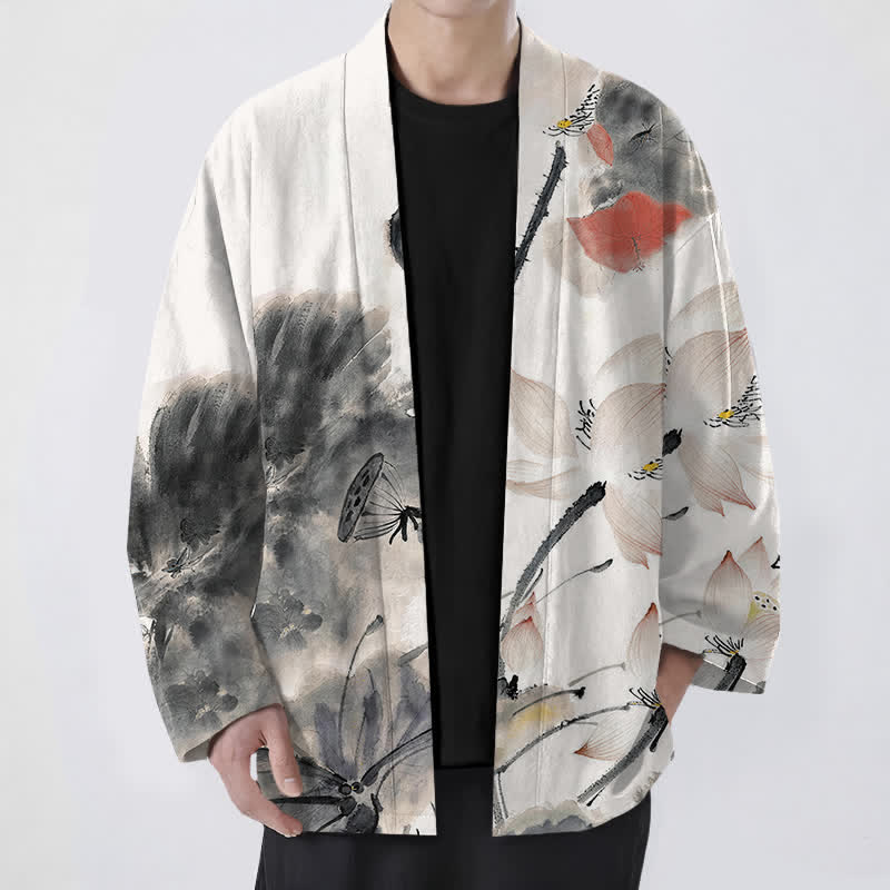 Buddha Stones Męskie kimono z odkrytym przodem i nadrukiem w kwiaty z motywem lotosu - Czarny - US/UK/AU48， EU58 (4XL) - image 0