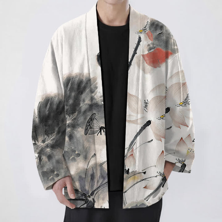 Buddha Stones Męskie kimono z odkrytym przodem i nadrukiem w kwiaty z motywem lotosu - Czarny - US/UK/AU48， EU58 (4XL) - image 0