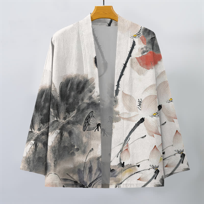Buddha Stones Męskie kimono z odkrytym przodem i nadrukiem w kwiaty z motywem lotosu - image 1