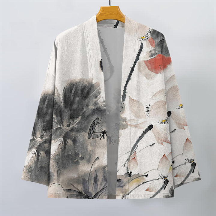 Buddha Stones Męskie kimono z odkrytym przodem i nadrukiem w kwiaty z motywem lotosu - image 1
