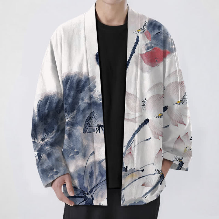 Buddha Stones Męskie kimono z odkrytym przodem i nadrukiem w kwiaty z motywem lotosu - Stalowoniebieski - US/UK/AU48， EU58 (4XL) - image 6
