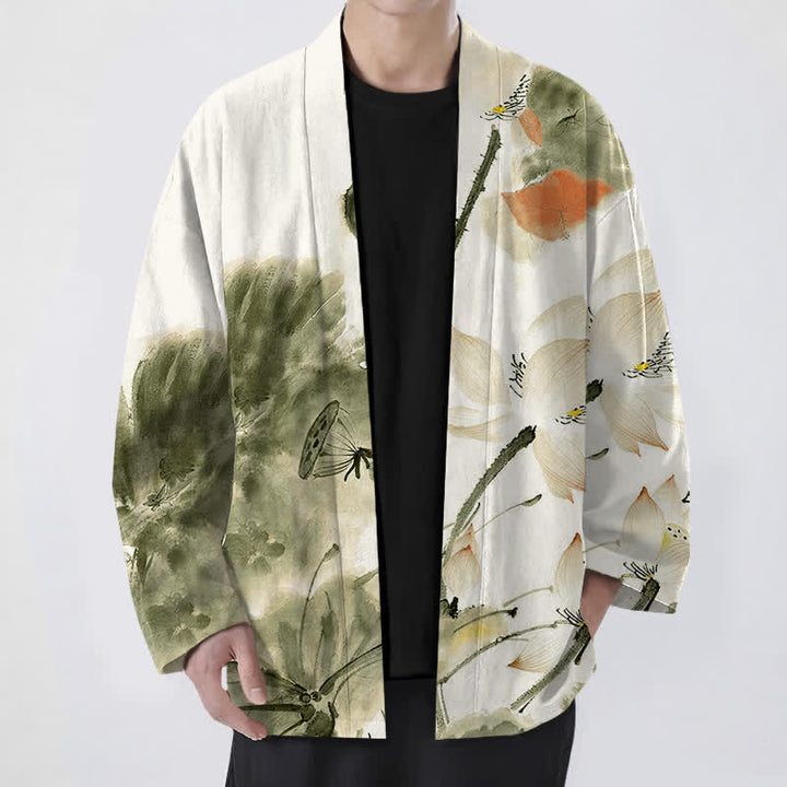 Buddha Stones Męskie kimono z odkrytym przodem i nadrukiem w kwiaty z motywem lotosu - Oliwkowy - US/UK/AU48， EU58 (4XL) - image 9