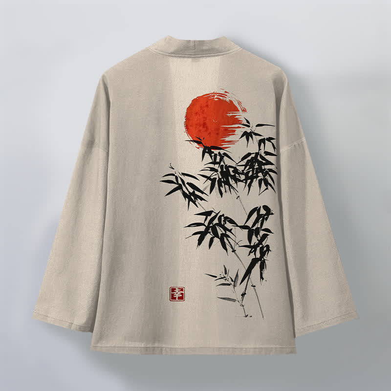 Buddha Stones Męskie kimono z bawełny w kolorze czerwonego słońca z nadrukiem bambusa, otwarte z przodu - image 2