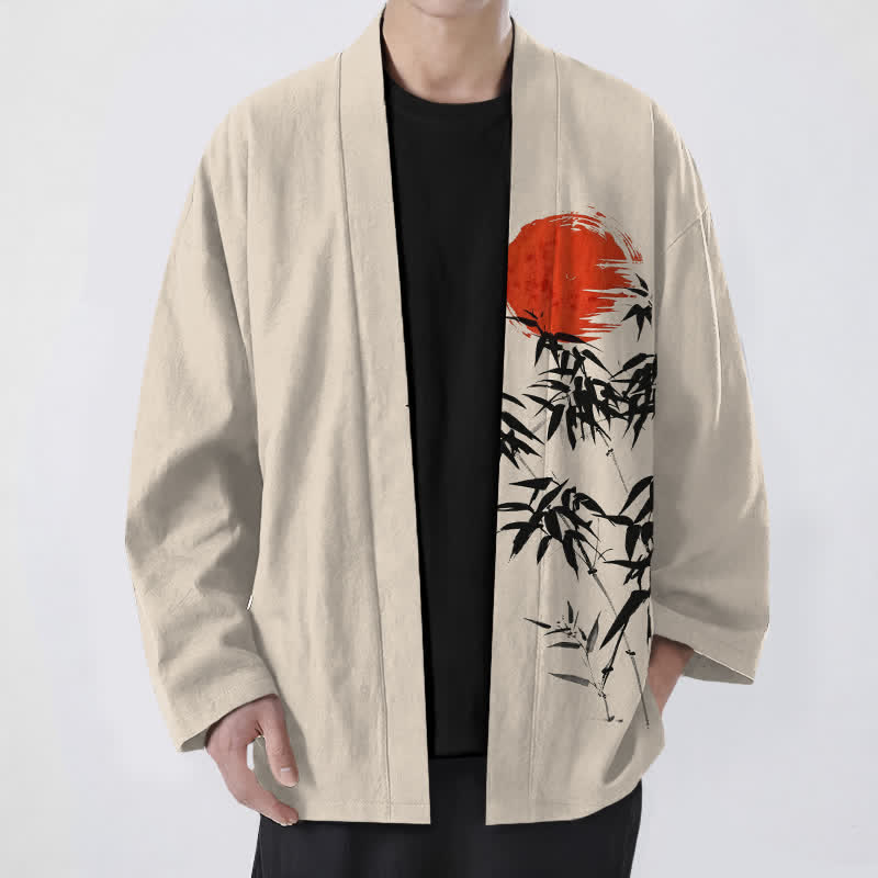 Buddha Stones Męskie kimono z bawełny w kolorze czerwonego słońca z nadrukiem bambusa, otwarte z przodu - Beżowy - US/UK/AU48， EU58 (4XL) - image 0