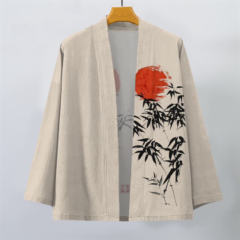 Buddha Stones Męskie kimono z bawełny w kolorze czerwonego słońca z nadrukiem bambusa, otwarte z przodu - image 1