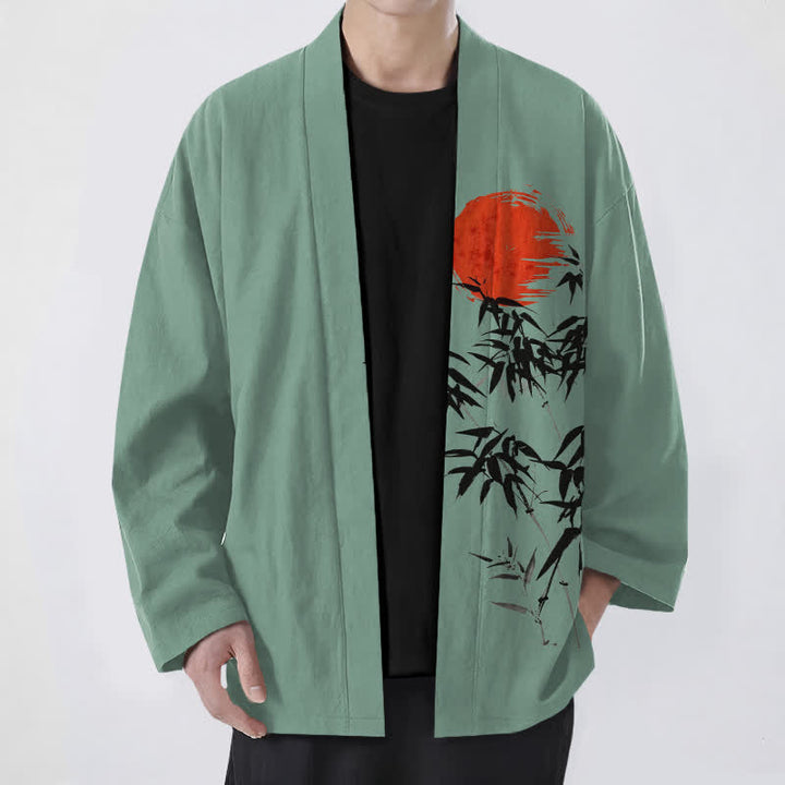 Buddha Stones Męskie kimono z bawełny w kolorze czerwonego słońca z nadrukiem bambusa, otwarte z przodu - SeaGreen - US/UK/AU48， EU58 (4XL) - image 6