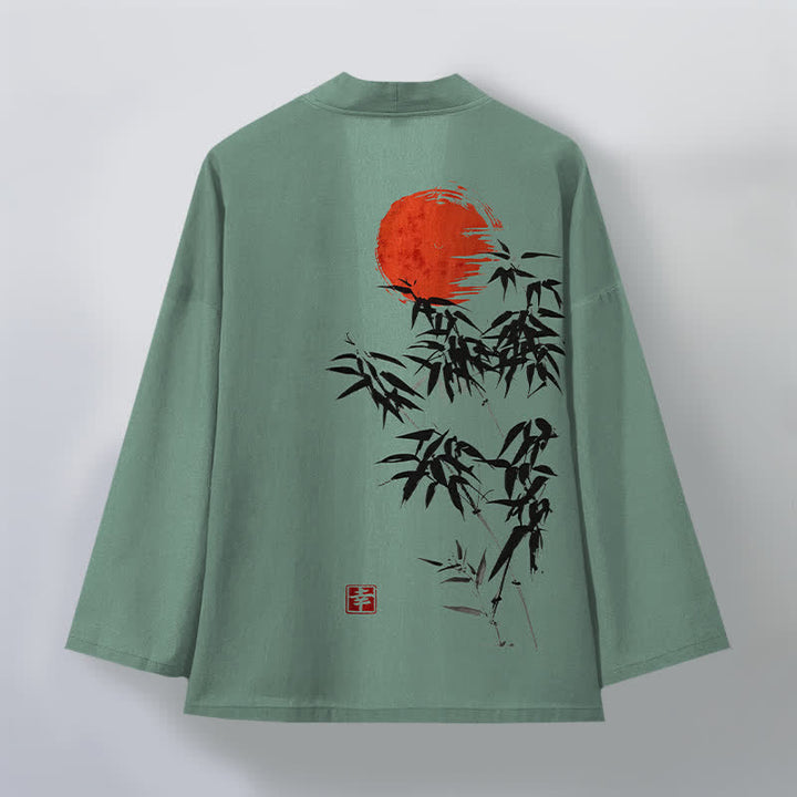 Buddha Stones Męskie kimono z bawełny w kolorze czerwonego słońca z nadrukiem bambusa, otwarte z przodu - image 8