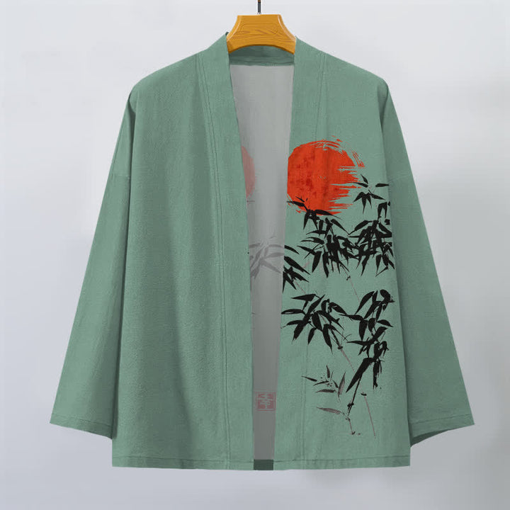 Buddha Stones Męskie kimono z bawełny w kolorze czerwonego słońca z nadrukiem bambusa, otwarte z przodu - image 7