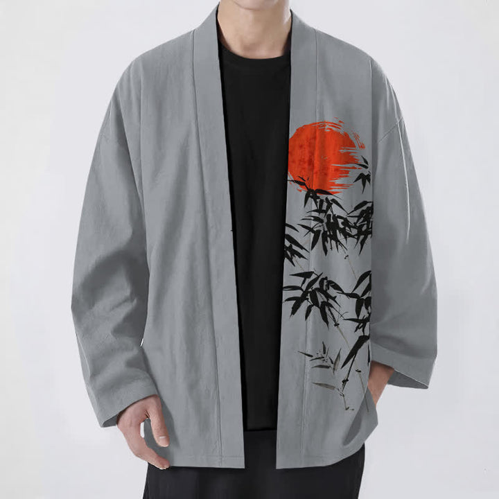Buddha Stones Męskie kimono z bawełny w kolorze czerwonego słońca z nadrukiem bambusa, otwarte z przodu - Ciemnoszary - US/UK/AU48， EU58 (4XL) - image 9