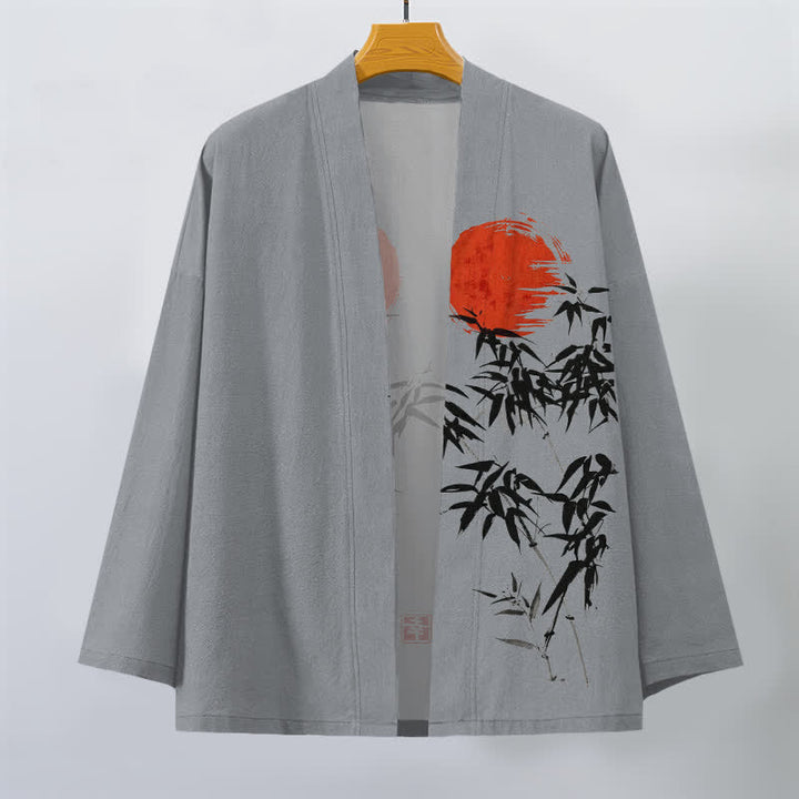 Buddha Stones Męskie kimono z bawełny w kolorze czerwonego słońca z nadrukiem bambusa, otwarte z przodu - image 10