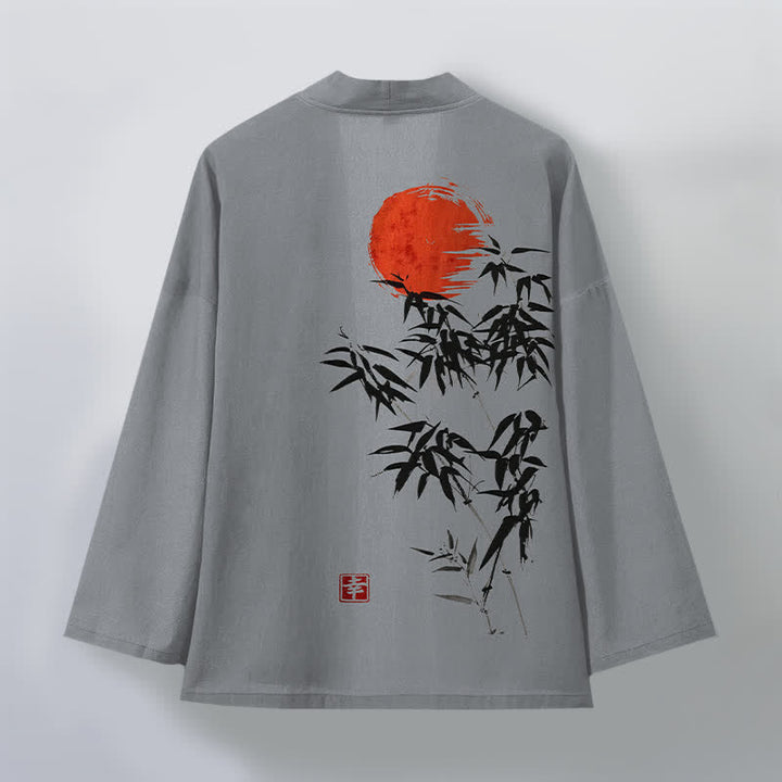 Buddha Stones Męskie kimono z bawełny w kolorze czerwonego słońca z nadrukiem bambusa, otwarte z przodu - image 11