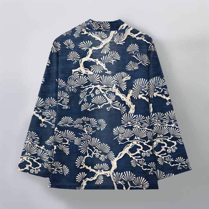 Buddha Stones Męskie kimono z bawełny z wzorem wachlarza sosnowego z otwartym przodem - image 2