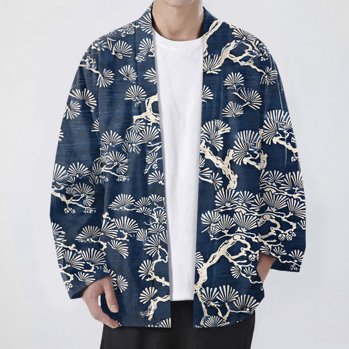 Buddha Stones Męskie kimono z bawełny z wzorem wachlarza sosnowego z otwartym przodem - Marynarka wojenna - US/UK/AU48， EU58 (4XL) - image 0