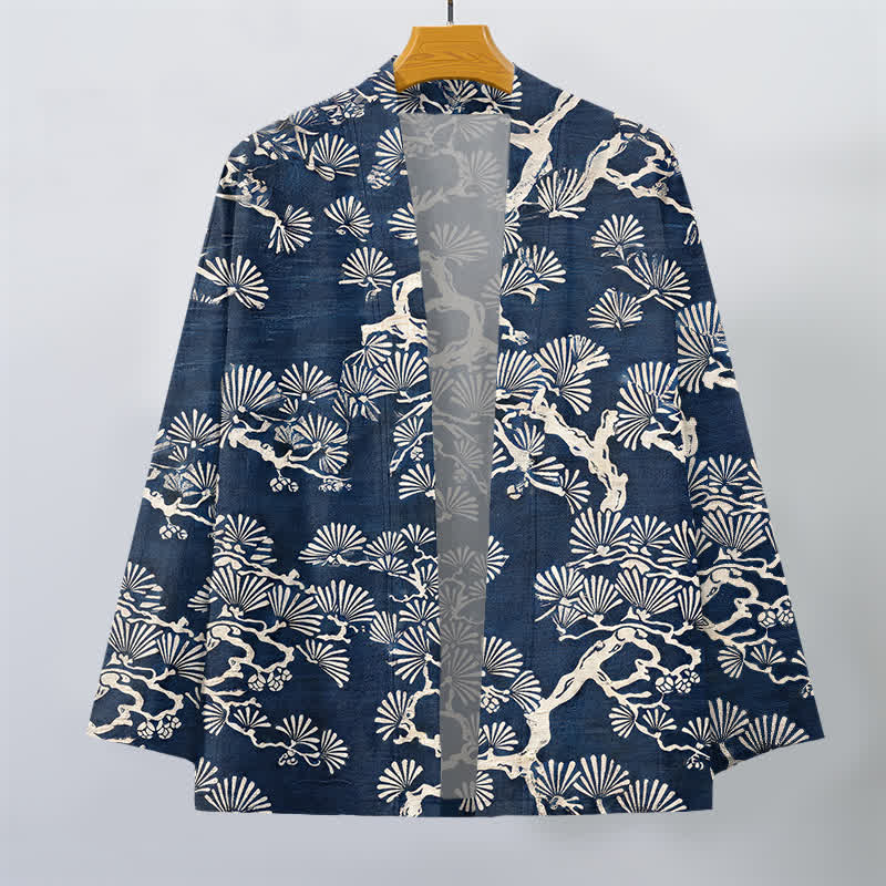 Buddha Stones Męskie kimono z bawełny z wzorem wachlarza sosnowego z otwartym przodem - image 1
