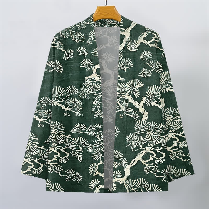 Buddha Stones Męskie kimono z bawełny z wzorem wachlarza sosnowego z otwartym przodem - image 7