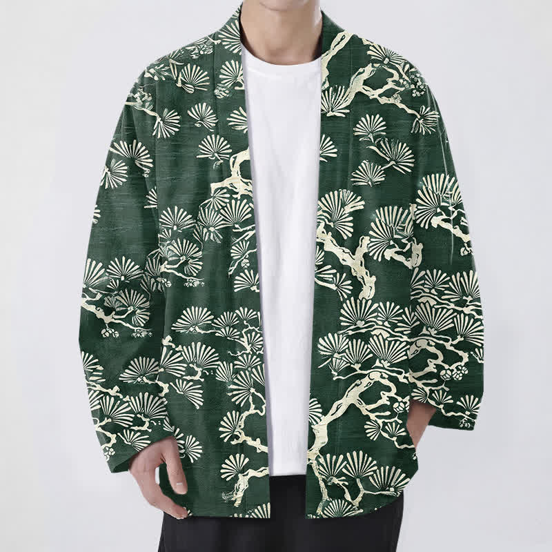 Buddha Stones Męskie kimono z bawełny z wzorem wachlarza sosnowego z otwartym przodem - ForestGreen - US/UK/AU48， EU58 (4XL) - image 6