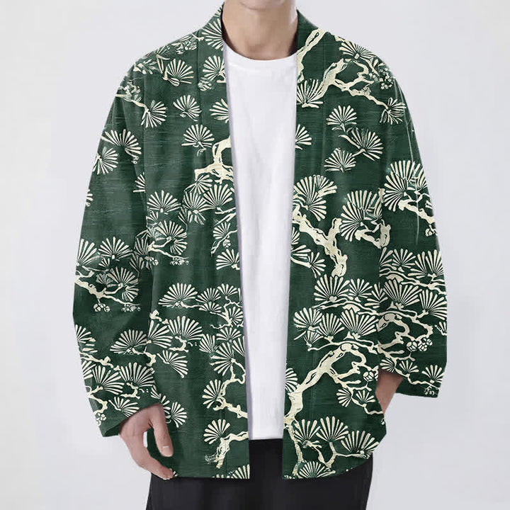 Buddha Stones Męskie kimono z bawełny z wzorem wachlarza sosnowego z otwartym przodem - ForestGreen - US/UK/AU48， EU58 (4XL) - image 6