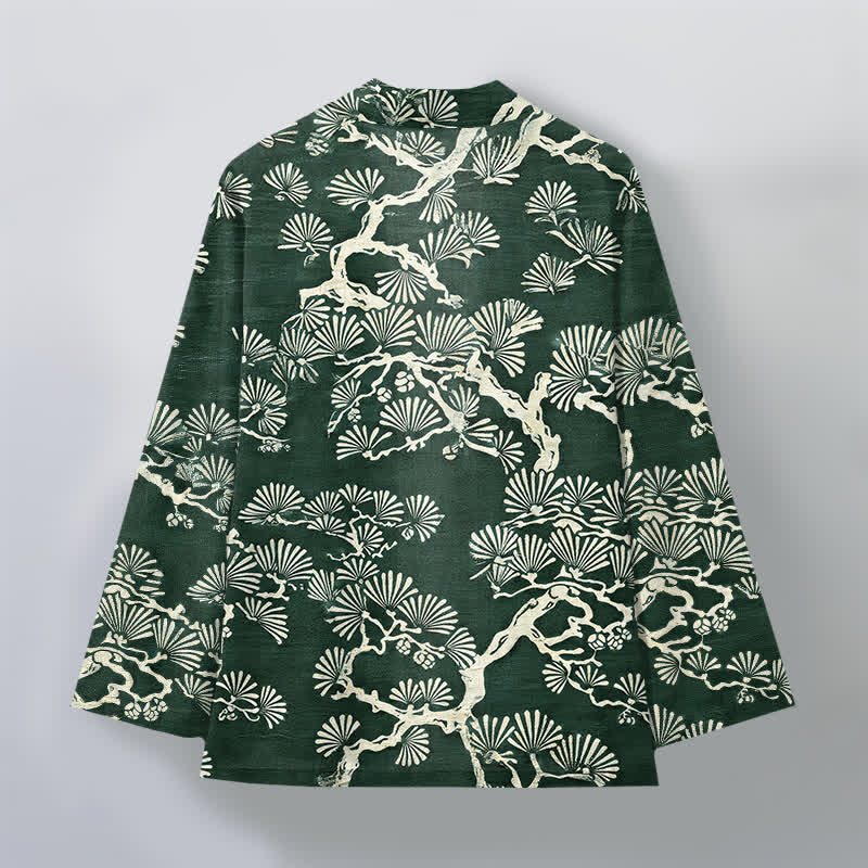 Buddha Stones Męskie kimono z bawełny z wzorem wachlarza sosnowego z otwartym przodem - image 8