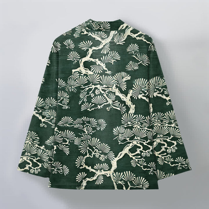 Buddha Stones Męskie kimono z bawełny z wzorem wachlarza sosnowego z otwartym przodem - image 8