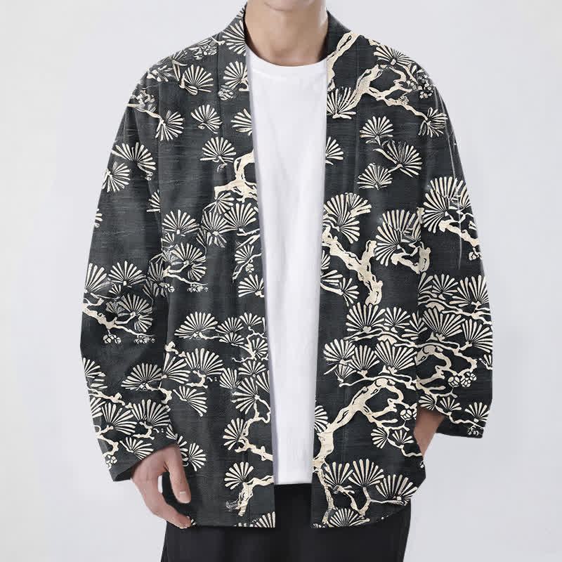 Buddha Stones Męskie kimono z bawełny z wzorem wachlarza sosnowego z otwartym przodem - DimGray - US/UK/AU48， EU58 (4XL) - image 9