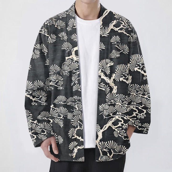 Buddha Stones Męskie kimono z bawełny z wzorem wachlarza sosnowego z otwartym przodem - DimGray - US/UK/AU48， EU58 (4XL) - image 9