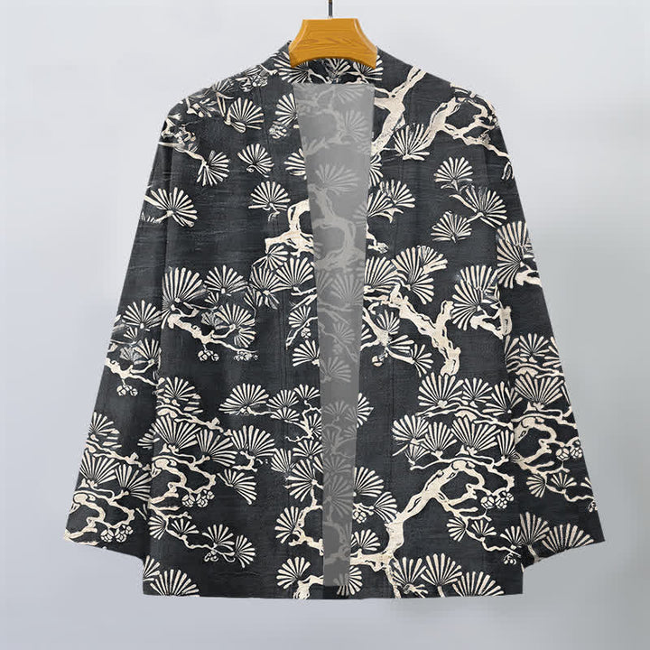 Buddha Stones Męskie kimono z bawełny z wzorem wachlarza sosnowego z otwartym przodem - image 10