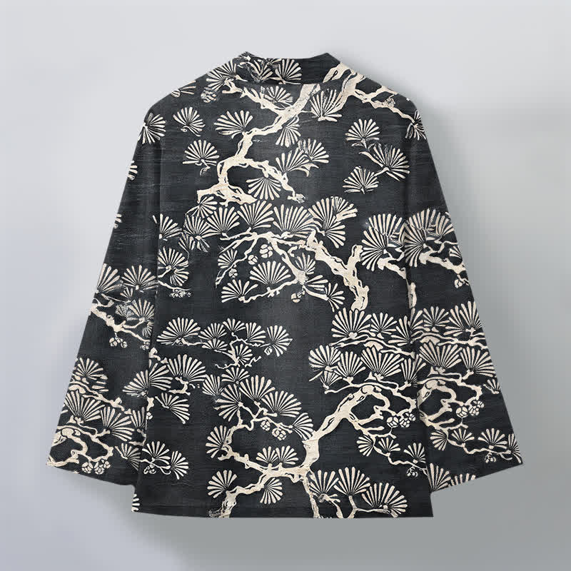 Buddha Stones Męskie kimono z bawełny z wzorem wachlarza sosnowego z otwartym przodem - image 11
