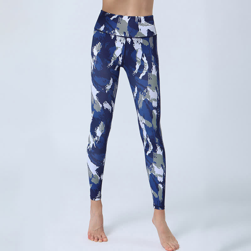 Buddha Stones Kwiaty Liście Nadruk Sport Fitness Joga Legginsy Wysoki Stan Damskie Spodnie do Jogi - Ciemnoniebieski Biały - US8-10, UK/AU12-14, EU40-42 (XL) - image 1