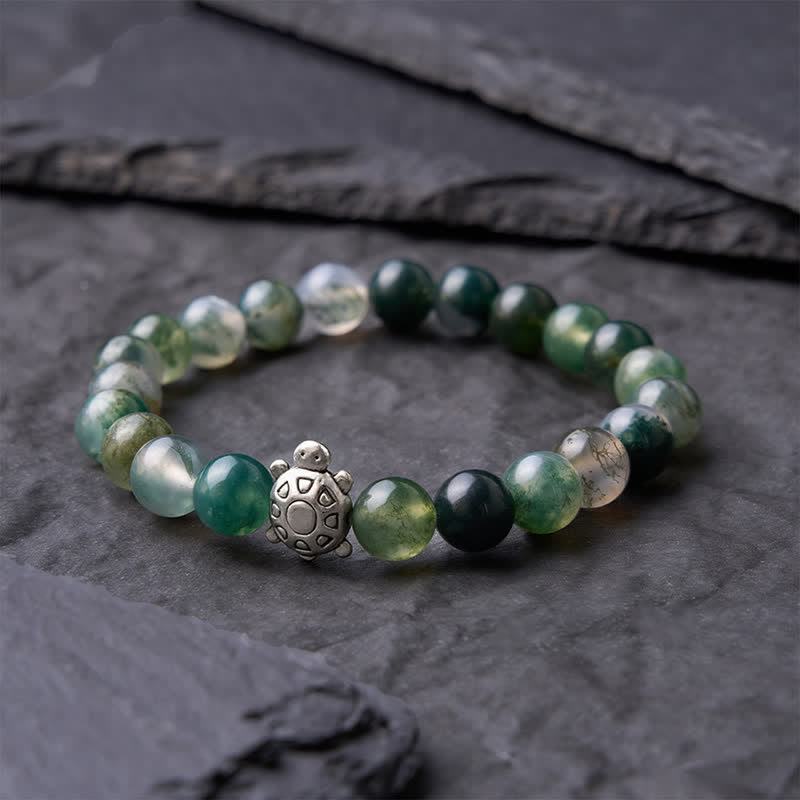 Buddha Stones Bransoletka z agatu mchowego i miedzi z żółwiem - image 3