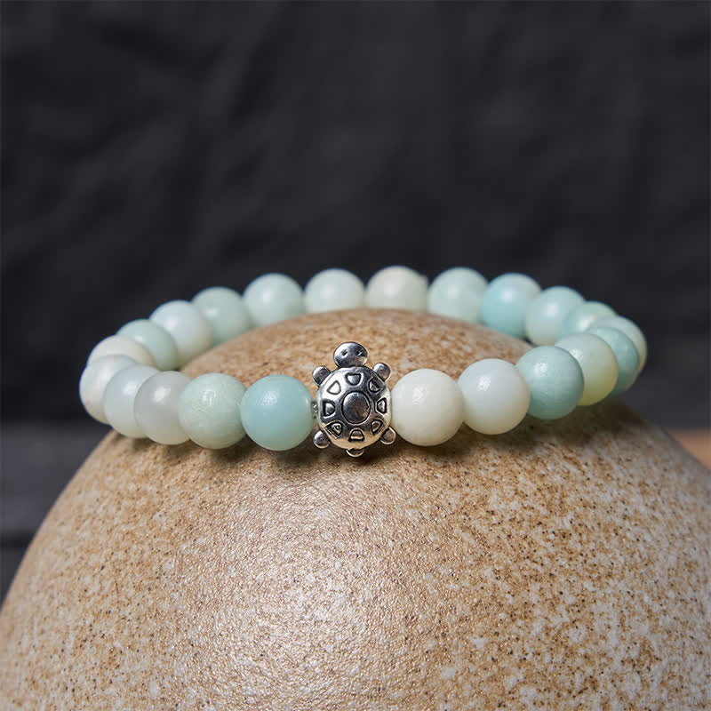 Buddha Stones Bransoletka z ręcznie polerowanych okrągłych koralików z amazonitu i miedzi w kształcie żółwia - image 2