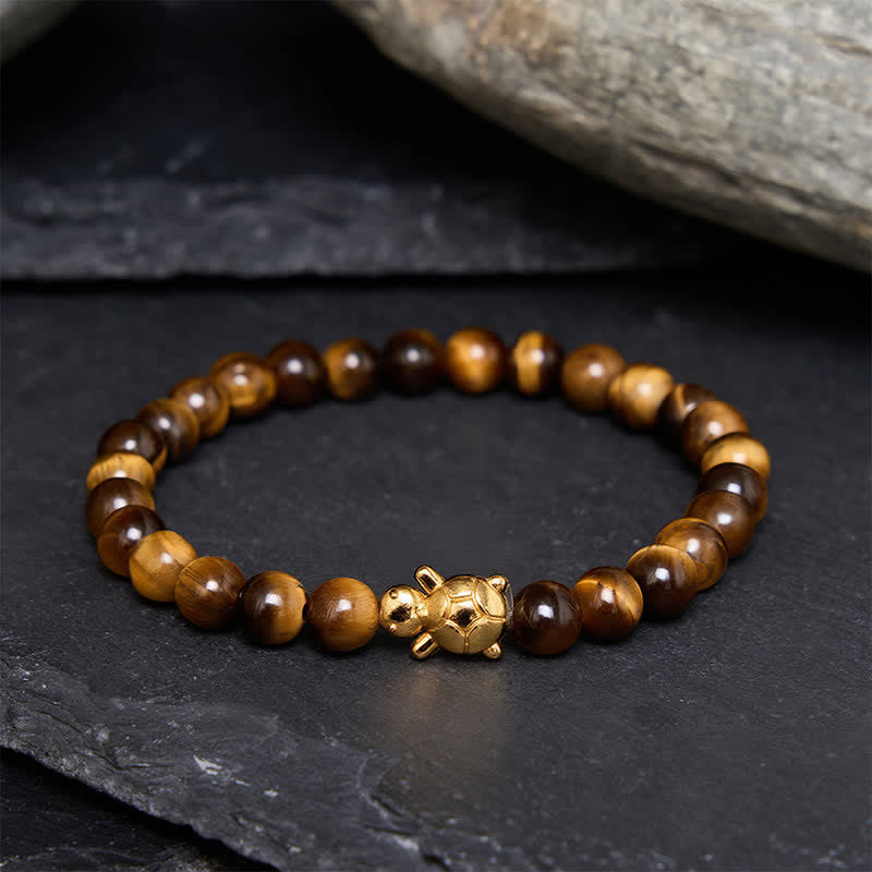Buddha Stones Bransoletka z naturalnych koralików Courage Beads z tygrysim okiem i akcesoriami do żółwia - Kolczyki tygrysie oko 6 mm (obwód nadgarstka: 5,5–5,9 cala/14–15 cm) - image 0