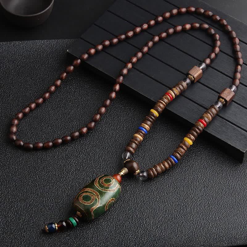 Buddha Stones Turkusowe Koraliki Dzi Koło Modlitewne Naszyjnik Medytacyjny Z Drewna Wenge - Dzi Bead - image 5