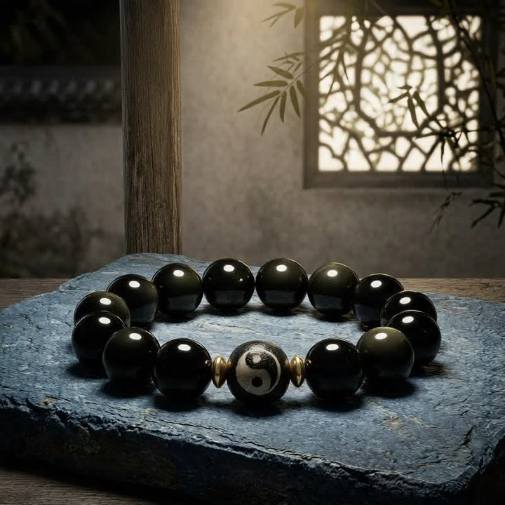 Buddha Stones Bransoletka z obsydianu o złotym połysku, chroniąca Yin Yang i równoważąca - image 1