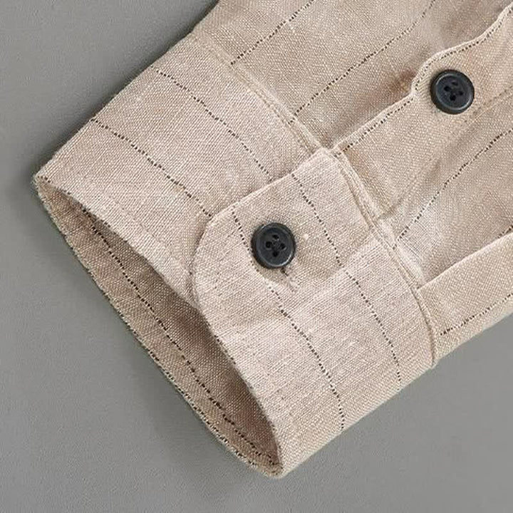 Buddha Stones Koszule męskie z długim rękawem i kieszeniami, wiosenno-letnie, w stylu Tang, z kołnierzykiem stójkowym i lnianymi paskami - image 6