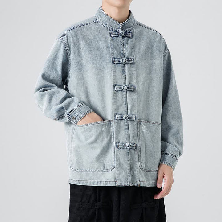 Buddha Stones Jesienne kurtki męskie w stylu vintage z kołnierzykiem stójkowym i kieszeniami, sprane i solidne - LightSteelBlue - US/UK/AU42， EU52 (3XL) - image 7