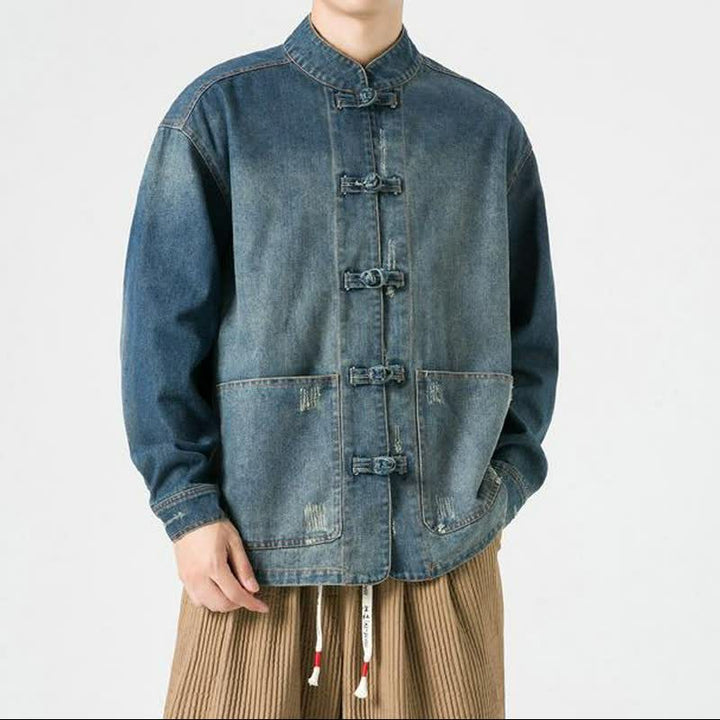 Buddha Stones Jesienne kurtki męskie w stylu vintage z kołnierzykiem stójkowym i kieszeniami, sprane i solidne - Stalowoniebieski - US/UK/AU42， EU52 (3XL) - image 1