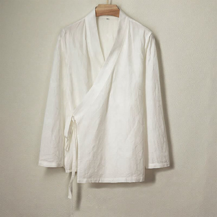 Buddha Stones Koszule męskie z długim rękawem, wiosenno-letnie, minimalistyczne i swobodne, z grubej bawełny, ściągane sznurkiem - AntiqueWhite - US/UK/AU44， EU54 (4XL) - image 6